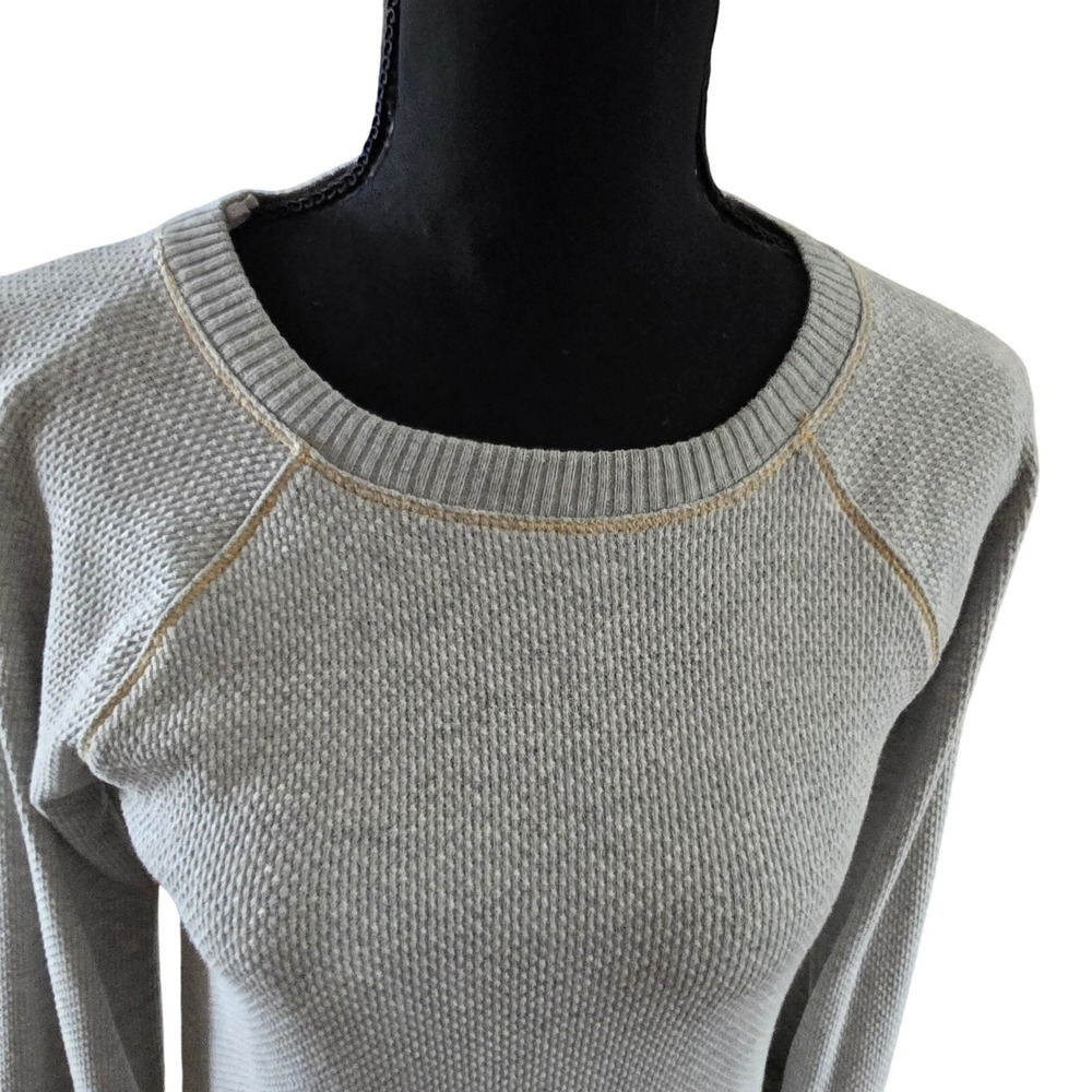 Free People Grey Waffle Knit Thermal Top Mixed Print Crochet Cuff Large - Picture 5 of 10
